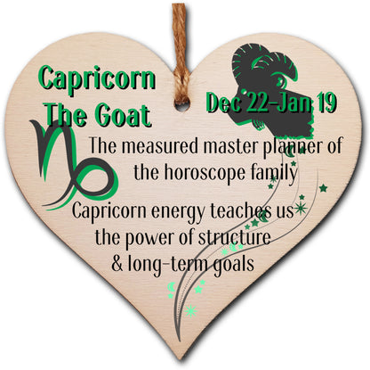 Handmade Wooden Hanging Heart Plaque Gift Signs of the Zodiac Capricorn Astrological Star Sign Keepsake Card Alternative