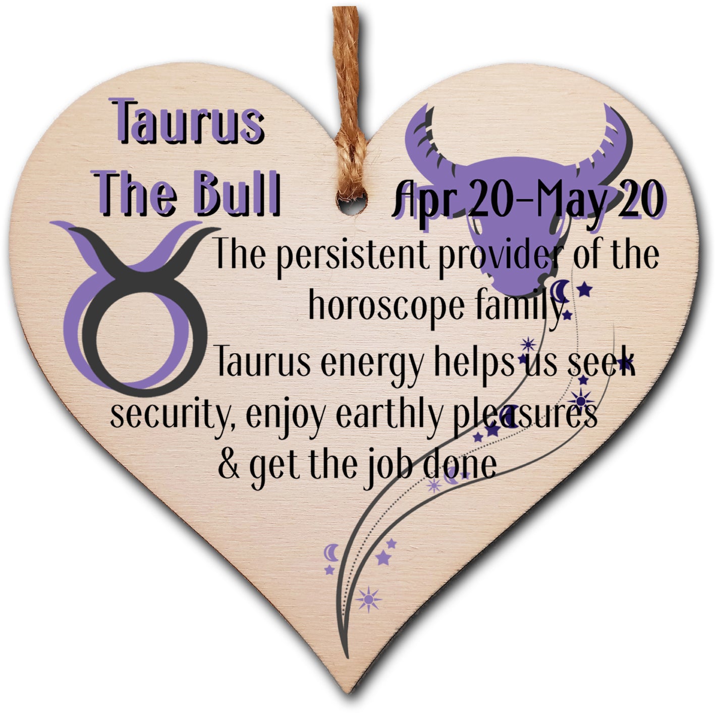 Handmade Wooden Hanging Heart Plaque Gift Signs of the Zodiac Taurus Astrological Star Sign Keepsake Card Alternative