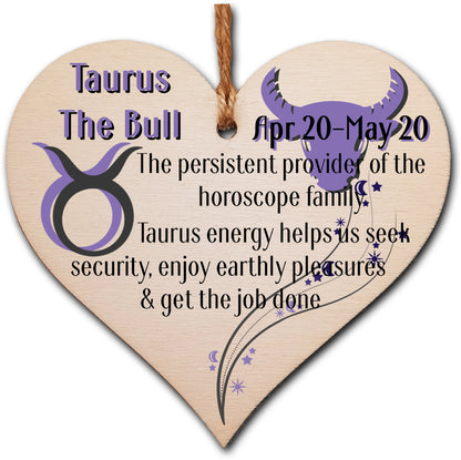 Handmade Wooden Hanging Heart Plaque Gift Signs of the Zodiac Taurus Astrological Star Sign Keepsake Card Alternative