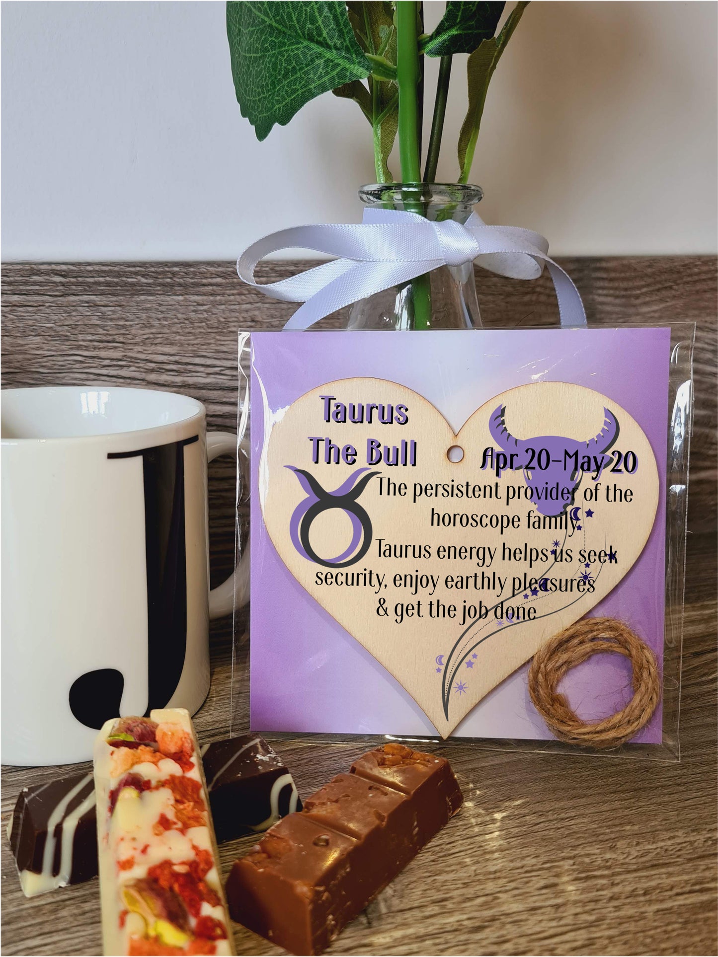 Handmade Wooden Hanging Heart Plaque Gift Signs of the Zodiac Taurus Astrological Star Sign Keepsake Card Alternative