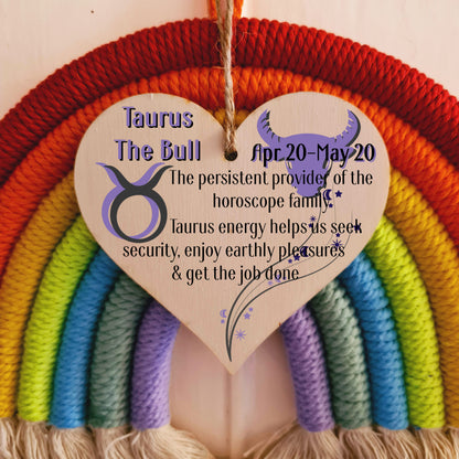 Handmade Wooden Hanging Heart Plaque Gift Signs of the Zodiac Taurus Astrological Star Sign Keepsake Card Alternative