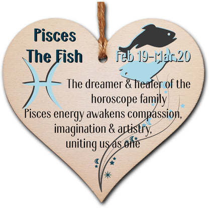 Handmade Wooden Hanging Heart Plaque Gift Signs of the Zodiac Pisces Astrological Star Sign Keepsake Card Alternative
