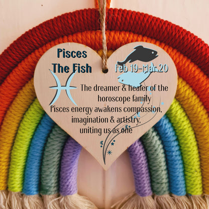 Handmade Wooden Hanging Heart Plaque Gift Signs of the Zodiac Pisces Astrological Star Sign Keepsake Card Alternative