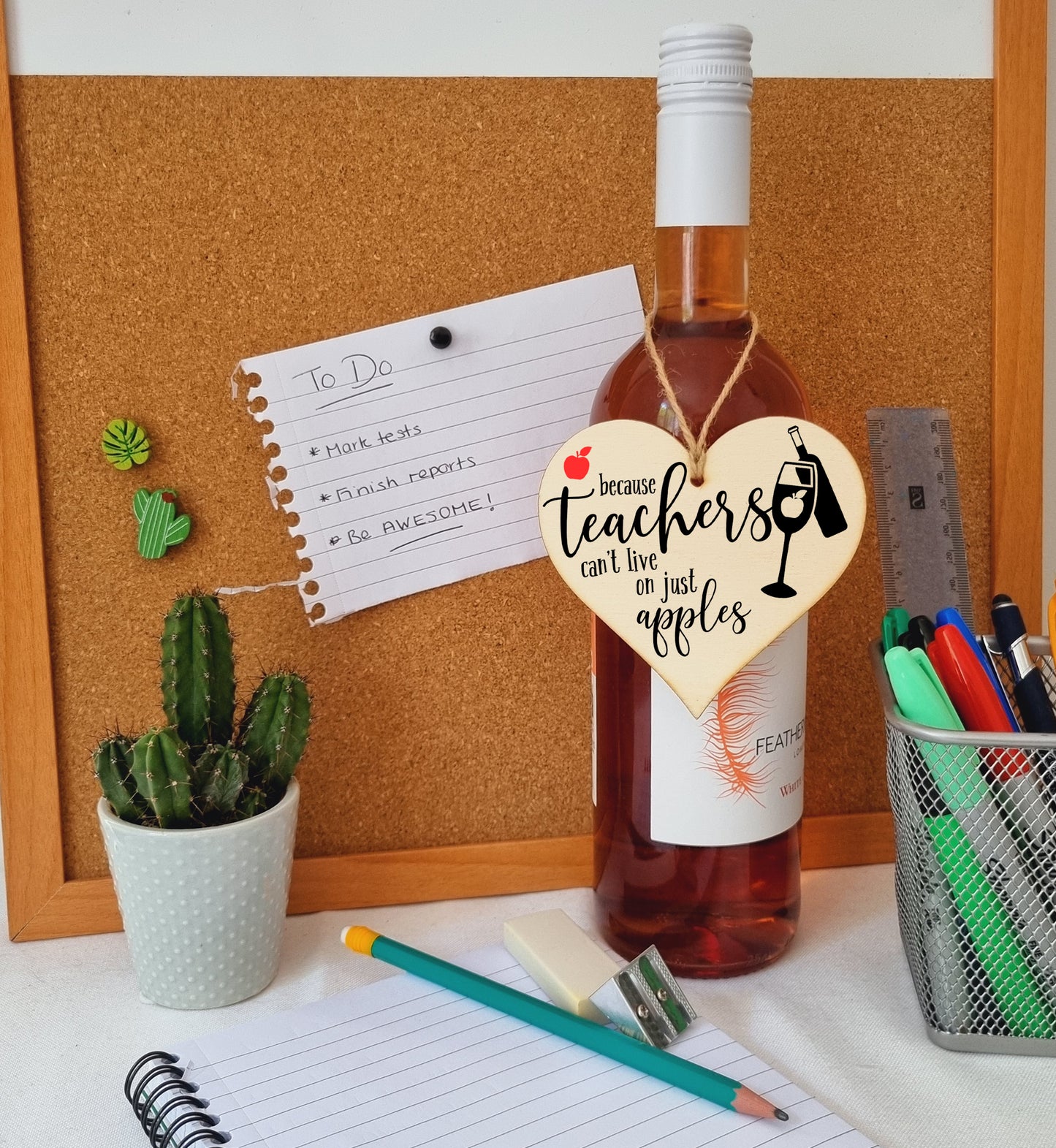 Teachers Can't Live On Apples Wine Funny Thank You Hanging Heart Wooden End of Term Gift Card Alternative Teacher