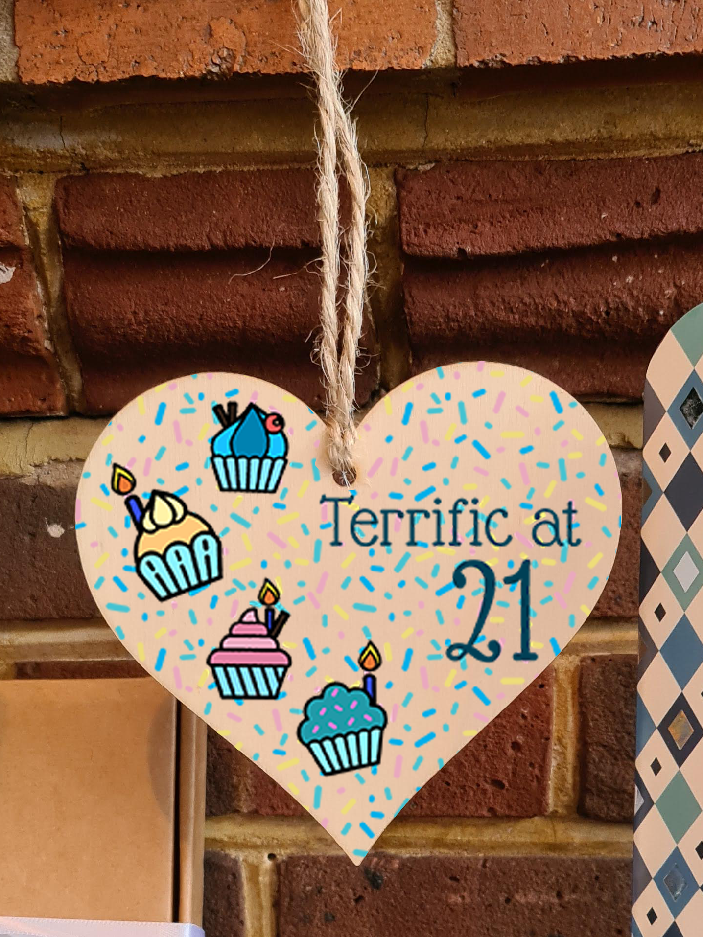 Handmade Wooden Hanging Heart Plaque Gift Terrific at Twenty One Birthday Card Alternative Wall Hanger Bottle Decoration