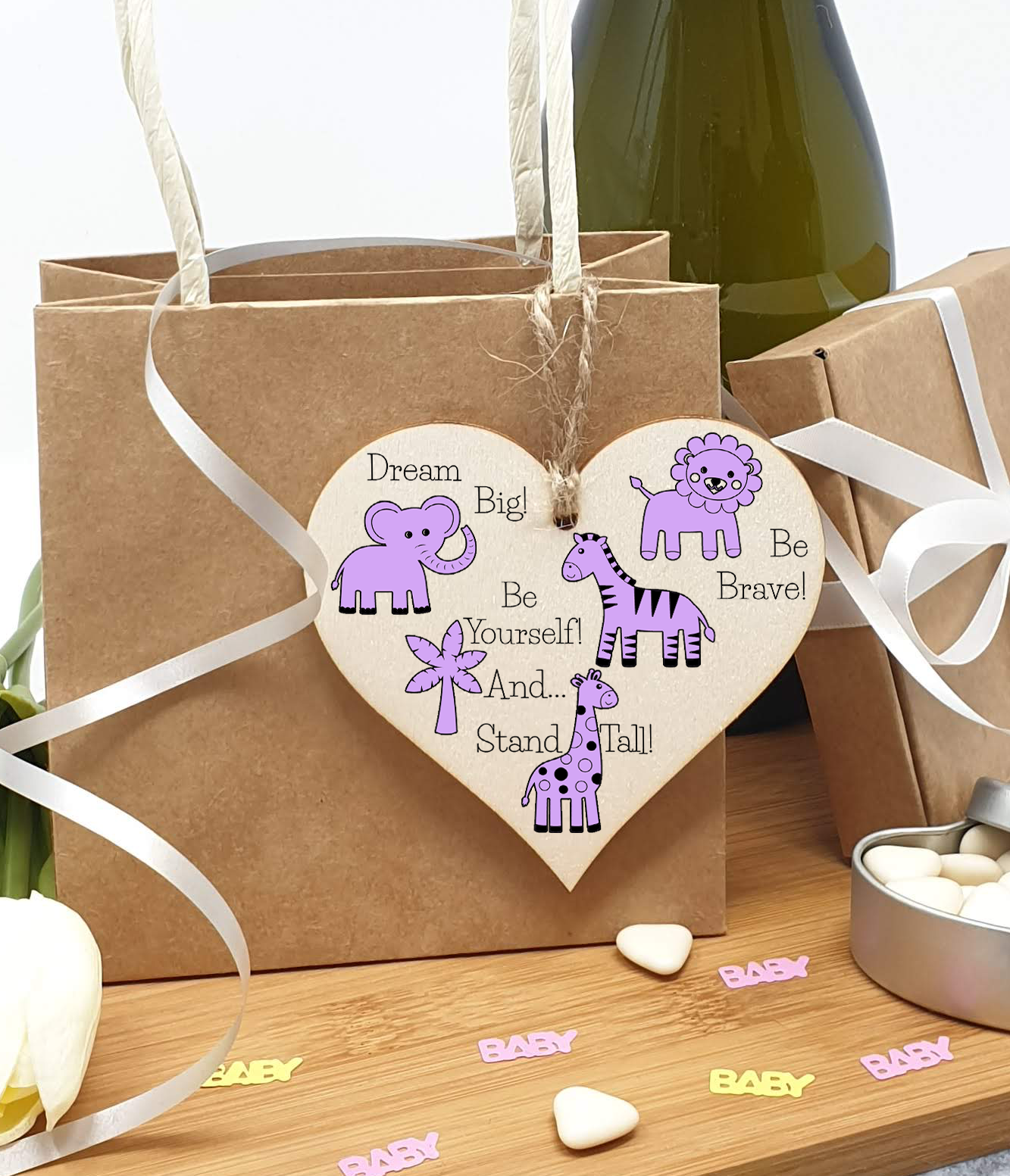 Handmade Wooden Hanging Heart Plaque Gift Be Brave Dream Big Be Yourself And Stand Tall new baby present new parents lilac gender neutral safari animals nursery wall decoration