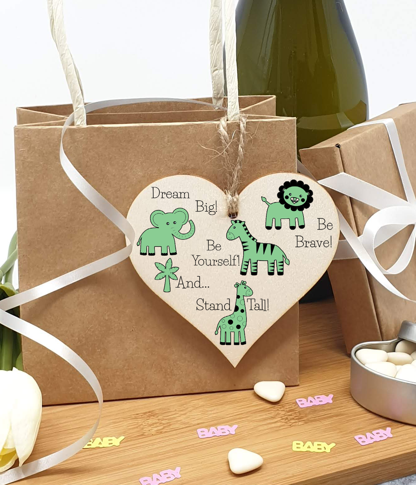Handmade Wooden Hanging Heart Plaque Gift Be Brave Dream Big Be Yourself And Stand Tall new baby present new parents green gender neutral safari animals nursery wall decoration