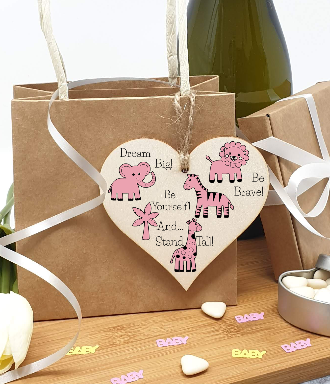 Handmade Wooden Hanging Heart Plaque Gift Be Brave Dream Big Be Yourself And Stand Tall new baby present new parents pink safari animals nursery wall decoration