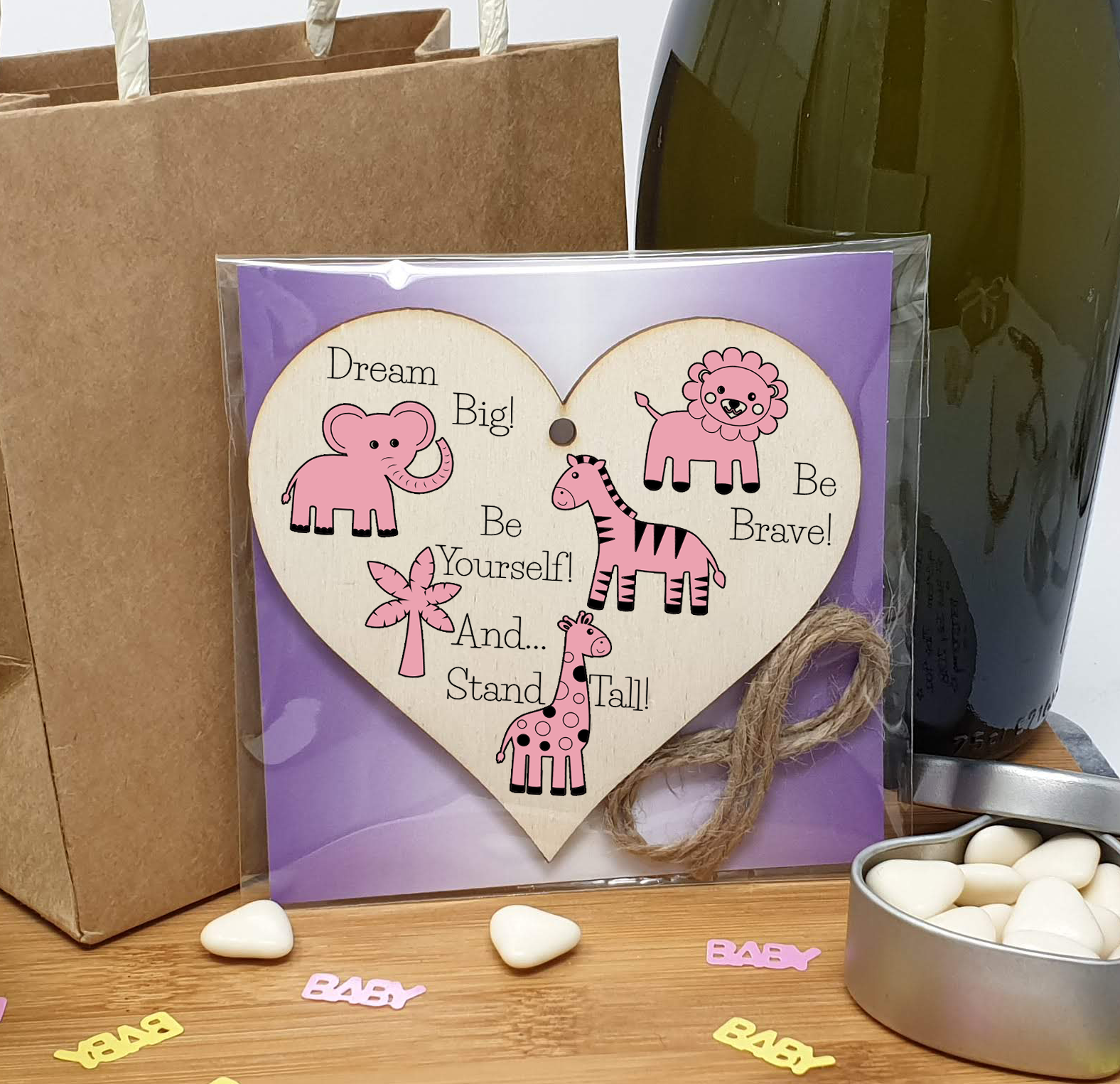 Handmade Wooden Hanging Heart Plaque Gift Be Brave Dream Big Be Yourself And Stand Tall new baby present new parents pink safari animals nursery wall decoration