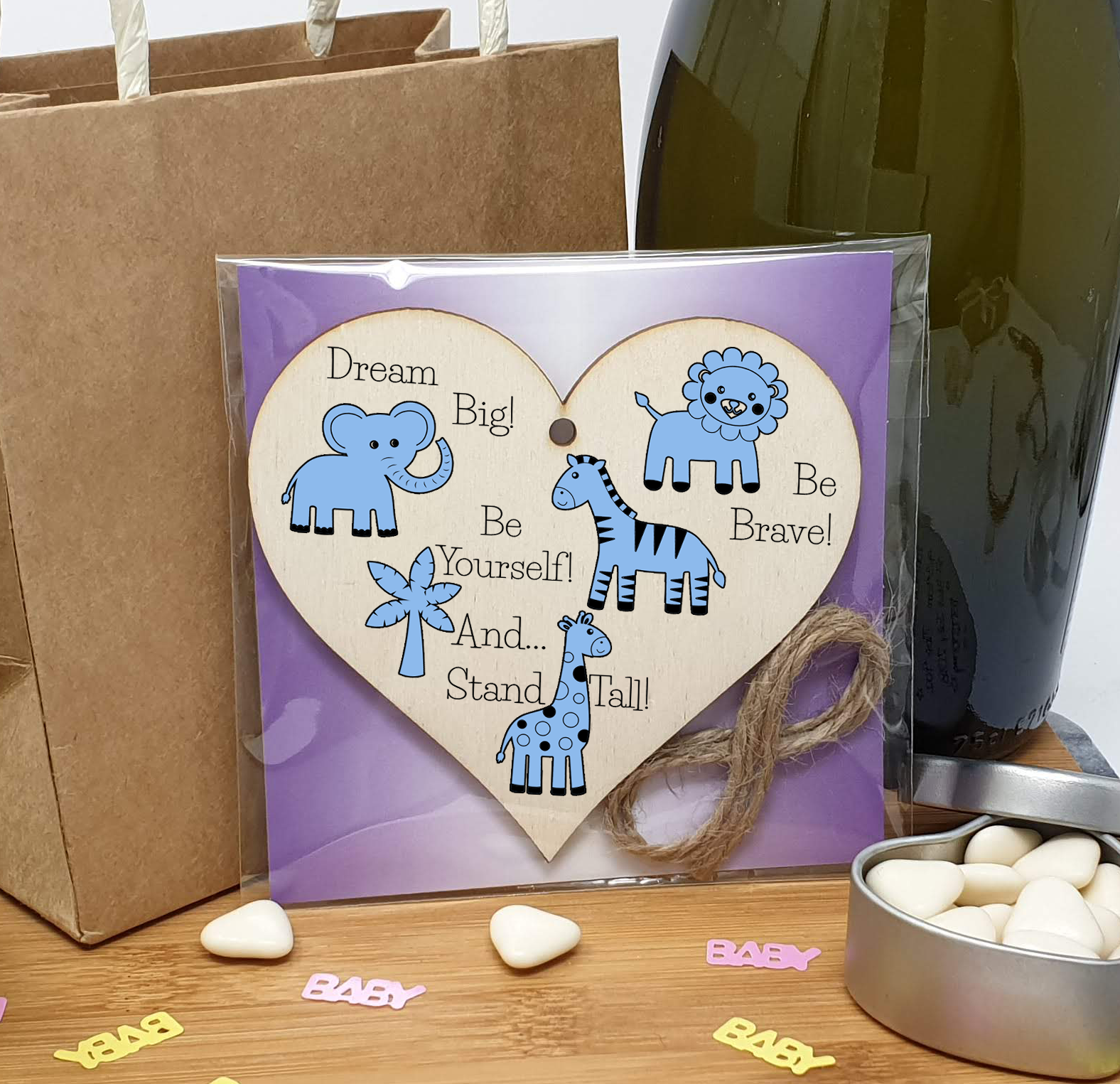 Handmade Wooden Hanging Heart Plaque Gift Be Brave Dream Big Be Yourself And Stand Tall new baby present new parents blue safari animals nursery wall decoration